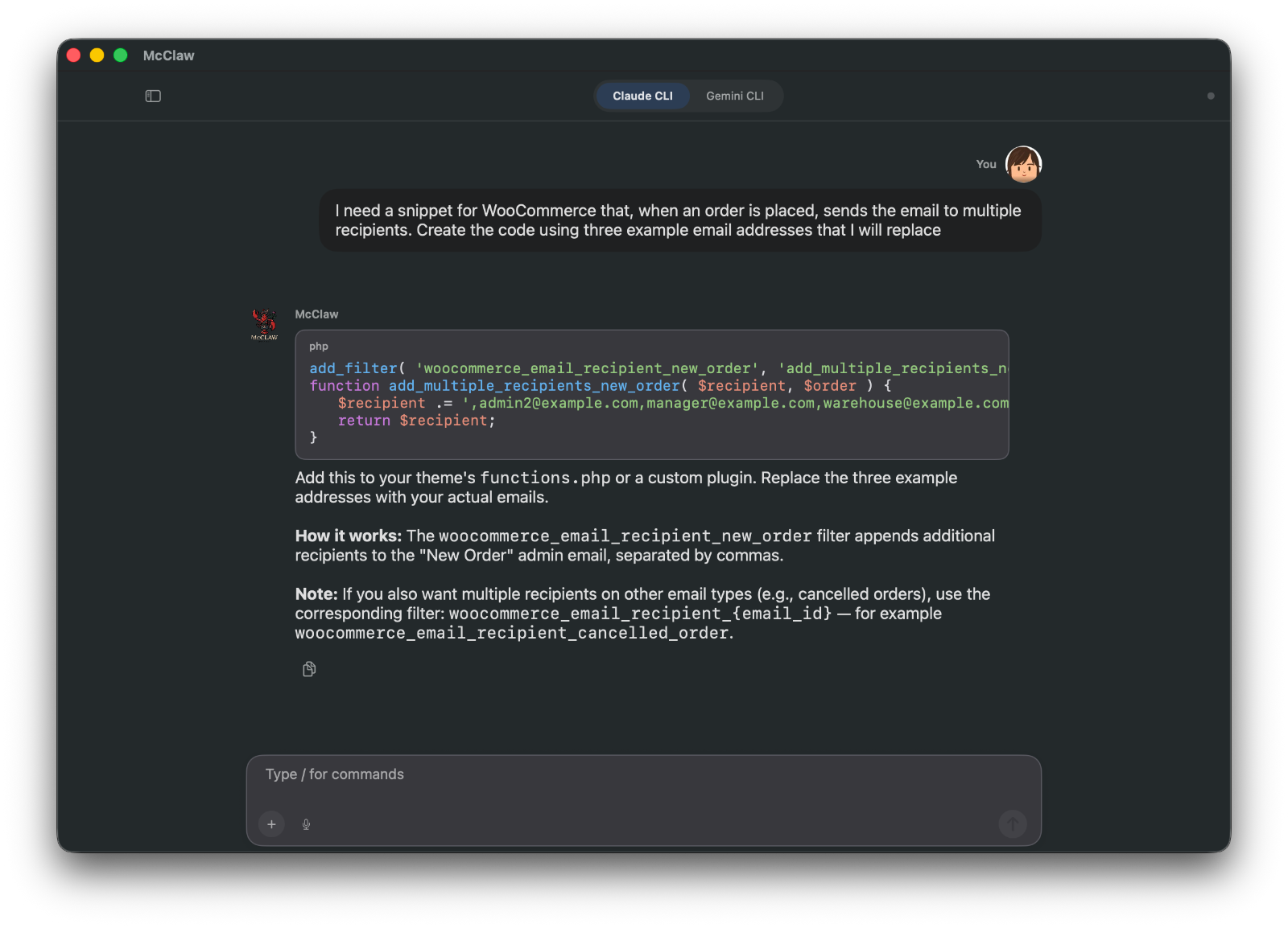 McClaw chat interface