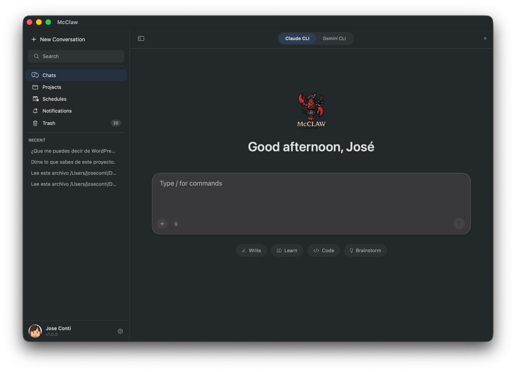 McClaw main chat window with sidebar